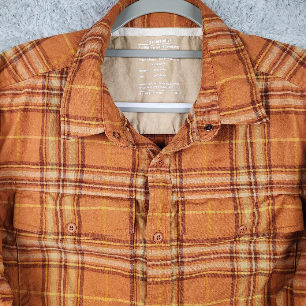 REI Co Op Shirt Mens Large Orange Plaid Flannel Button Camp Hiking Gorpcore